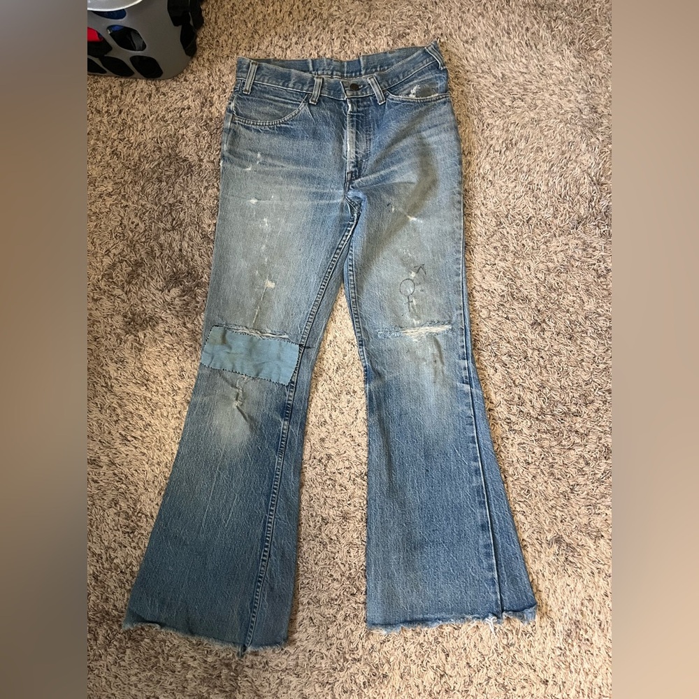 Vintage Levi 70s Orange Tab Distressed Faded Bell Bottoms Blue Jeans Mens 31x32